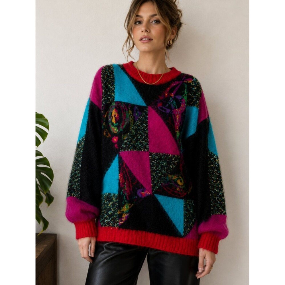Vintage Carducci Mohair Art Sweater L Color Block Sequin Patchwork Knit 80s